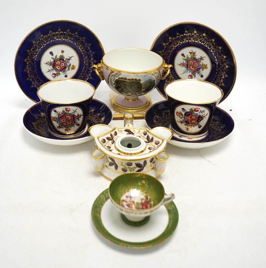 A quantity of 19th century porcelain to include Flight Barr & Barr, Worcester pedestal bowl, two Chamberlains Worcester breakfast trios and ink stand, largest 11cm high. Condition - fair, Flight Barr & Barr restored